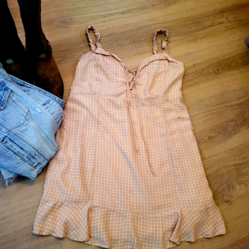 American Eagle Plaid Gingham Ruffle Smock Mini Dress, Sz XL